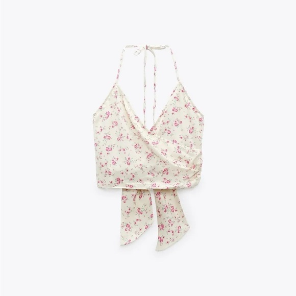 ZARA CREAM FLORAL TIE HALTER NECK SATIN EFFECT CROP TOP SIZE LARGE - Picture 2 of 11